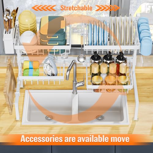 YKLSLH Over Sink Dish Drying Rack, Expandable Large Drying Rack, Suitable for Most Sinks (24.8"-35.4"), Adjustable Metal Rack, Space Saving, White - color: White, size: 2 tiers 4 baskets