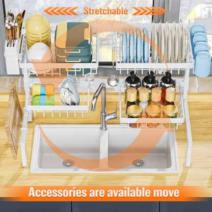 YKLSLH Over Sink Dish Drying Rack, Expandable Large Drying Rack, Suitable for Most Sinks (24.8"-35.4"), Adjustable Metal Rack, Space Saving, White - color: White, size: 2 tiers 4 baskets