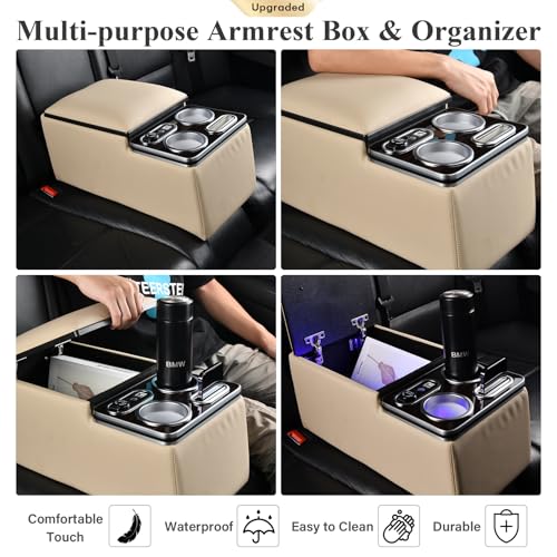 Coverado Car Center Console, Universal Rear Bench Seat Consoles, Back Seat Car Organizer, Seat Organizer with Cup Holder+Phone Holder, Central Armrest Box Back Seat Storage Box (Upgraded, Beige) - color: Beige, style: Update