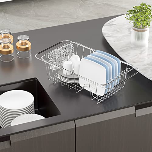 JAQ Over Sink Dish Drying Rack for Small Sink, Compact Expandable 14.25"–22.44", Adjustable 304 Stainless Steel Dish Drainer with Utensil Holder, Space Saving for Small Kitchen - size: 304 Stainless Steel - 9 dishes