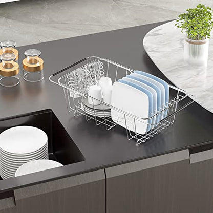 JAQ Over Sink Dish Drying Rack for Small Sink, Compact Expandable 14.25"–22.44", Adjustable 304 Stainless Steel Dish Drainer with Utensil Holder, Space Saving for Small Kitchen - size: 304 Stainless Steel - 9 dishes
