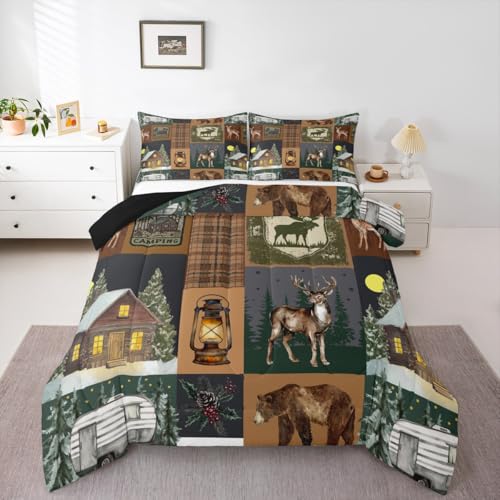 Farmhouse Bear Comforter Set Twin, Rustic Cabin Lodge Down Comforter, Retro Woodland Deer Bedding Comforter Sets, Hunting Wild Animal Plaid Checkered Quilt with 1 Pillow Case Bedroom Decor, Brown - color: Multi 01, size: Twin