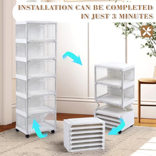 SAYMA LED Shoe Storage Box, Clear Shoe Storage Organizer with Magnetic Door, Stackable Plastic Shoe Cabinet with Wheels, Foldable Shoe Rack for Closet, Easy Assembly Shoe Cabinet for Entryway - size: 6 Tiers with Light