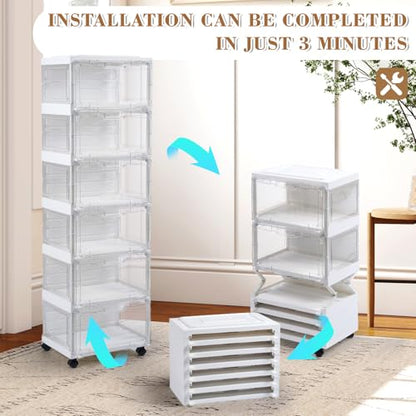 SAYMA LED Shoe Storage Box, Clear Shoe Storage Organizer with Magnetic Door, Stackable Plastic Shoe Cabinet with Wheels, Foldable Shoe Rack for Closet, Easy Assembly Shoe Cabinet for Entryway - size: 6 Tiers with Light