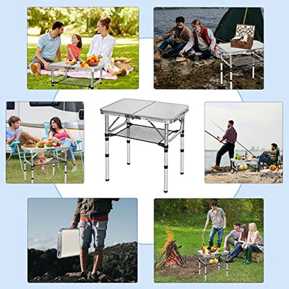 Small Folding Table with Storage Net, 24" x 16" Portable Foldable Camping Table with 3 Adjustable Height, White Metal Table for Beach, Patio, BBQ - size: S[24"*16"*24"]