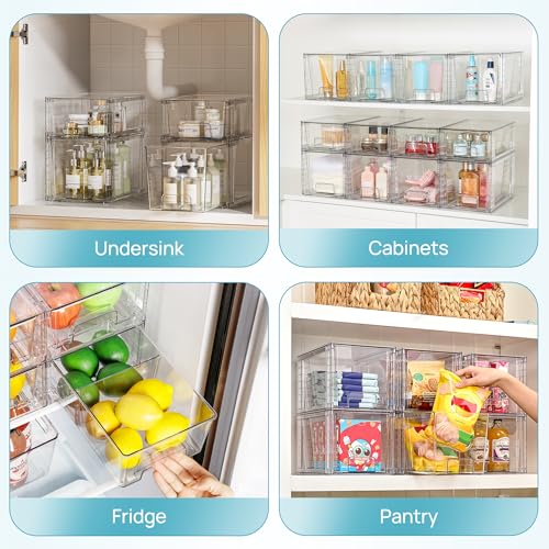 Vtopmart 8 Pack Clear Stackable Cabinet Organizers with Pull-Out Drawers, Clear Storage Drawers, 6 Medium and 2 Small for Under Sink, Pantry, Bathroom, Closet and Kitchen Storage - style: 6 Medium+2 Small