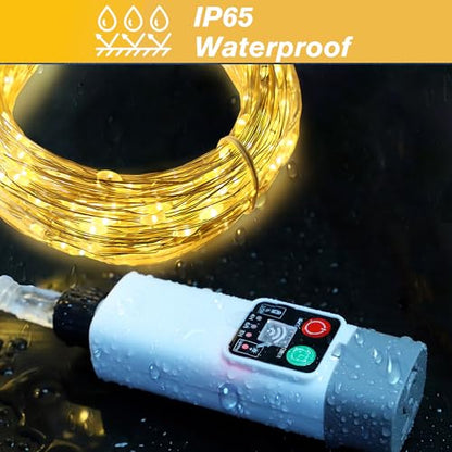 Rechargeable Fairy Lights Plug In 33FT 100 LED,8 Modes Fairy Lights Battery Operated with Remote Timer USB Charging, IP65 Waterproof Outdoor Camping Lights, for Camping Patio Christmas Bedroom Decor