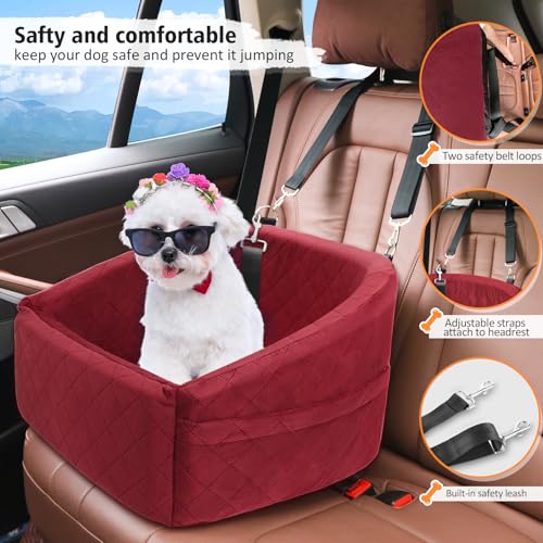 NEEZUKAR Dog Car Seat for Small Medium Dogs,Detachable Washable Dog Booster Seat Under 30lbs, Pet Car Seats Travel Bed with Storage Pockets and Safety Belt(Red) - color: Red