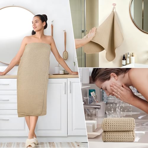POLYTE 430 GSM Microfiber Quick Dry Lint Free Oversize Bath Towel Set, 6 Piece (Waffle Weave) - color: Beige