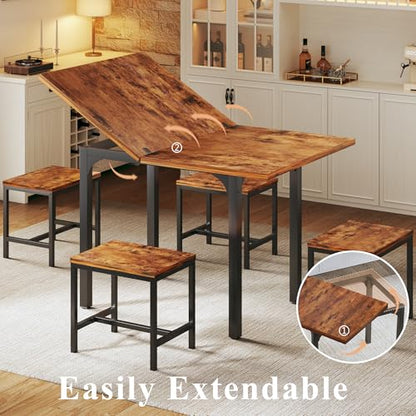 HUAHUU Dining Table Set for 4, Extendable Kitchen Table Chairs Set of 4, Rectangle Dining Table with Metal Frame & MDF Board, Folding for Small Apartment Saving Space, Rustic Brown - color: Rustic Brown