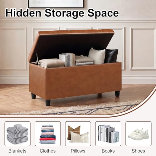 Asense Storage Ottoman Bench,Faux Leather Upholstered Ottoman with Storage,End of Bed Bench with Safety Hinge,for Entryway,Bedroom,Living Room - color: 32" Cognac Brown Faux Leather