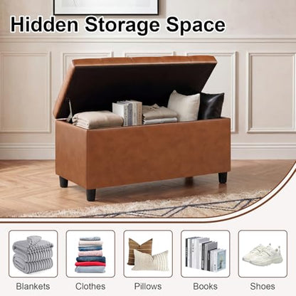 Asense Storage Ottoman Bench,Faux Leather Upholstered Ottoman with Storage,End of Bed Bench with Safety Hinge,for Entryway,Bedroom,Living Room - color: 32" Cognac Brown Faux Leather