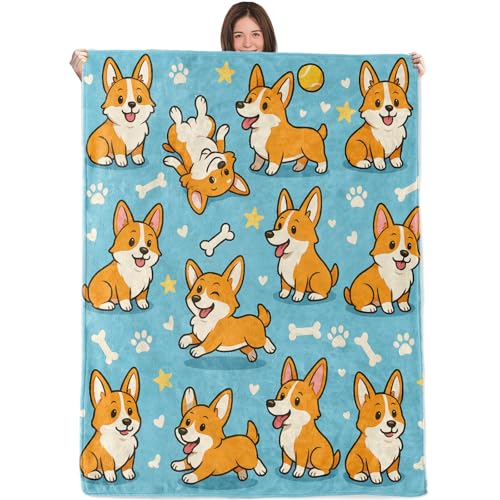 Cute Corgi Dog Blanket,50x60in,Cozy Flannel Throw with Playful Cartoon Puppy Bones Star and Paw Design,Soft Lightweight Gifts Blankets for Kids,Sofa Bed Travel Living Room Decor - color: Corgi, size: 60"x50"