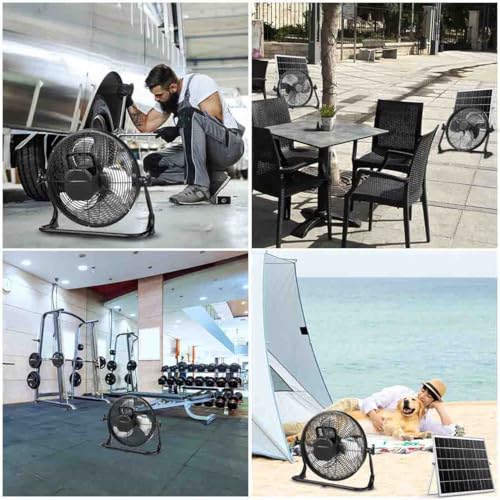 ZZE 14 Inch Battery Operated Fan Rechargeable with Solar Panel, Upgraded with High Airflow Metal Blade Camping Fan, Cordless, Quiet, USB Phone Charge, 5-75H Working Time - size: 14 Inch Solar