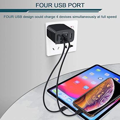 Wall Charger, USB Charger Adapter, AILKIN 4.8A 4Multi Port Fast Charging | USBA Station Power Base Block Plug Cube Brick for iPhone 17 16 15 14 SE 13 12 Pro Max/X/Plus, Samsung A17/S25/S26 Kindle Plug - color: Black
