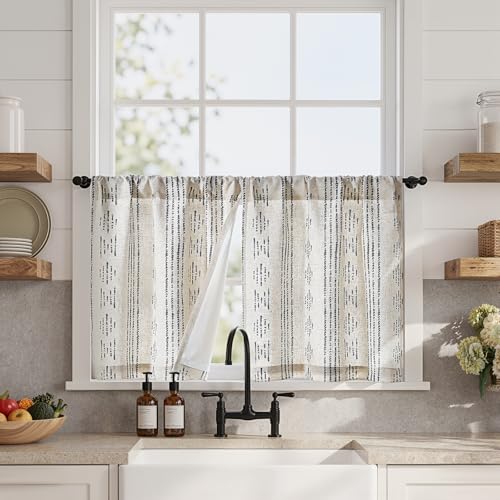 jinchan Boho Linen Kitchen Curtains 24 Inch Bohemian Geometric Striped Small Window Curtains Light Filtering Farmhouse Country Rustic for Bathroom Living Room RV 2 Panels Black - color: Privacy | Black on Beige, size: 25"W x 24"L (Pack of 2)