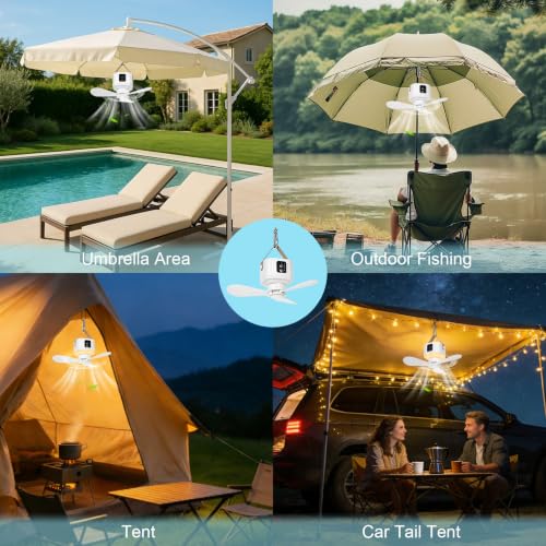 Portable Ceiling Fan with Lights Remote,USB Rechargeable Camping Fan,9.25" Wireless Tent Fan with 4 Speeds,Timer,Battery-Powered Ceiling Fan for RV,Truck,Rooftop Tent,Travel,Camping (White(B)) - color: White(B)