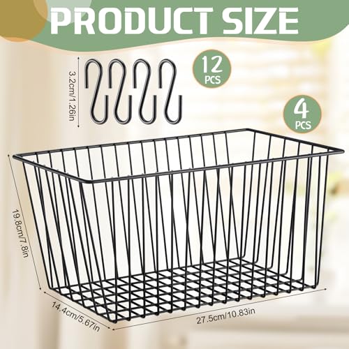 4pcs Hanging Wire Basket Set with S Hooks, 10.8''x7.8''x5.6'' Grid Panel gridwall Storage Baskets for Kitchen, Home Decor, Potted Plants Display, Black Metal Gridwall Accessories