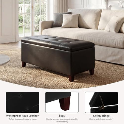 Asense Storage Ottoman Bench, 33" Faux Leather Upholstered End of Bed Bench with Safety Hinge,Wooden Legs,for Entryway Bedroom Living Room,Black - color: 33" Black Faux Leather