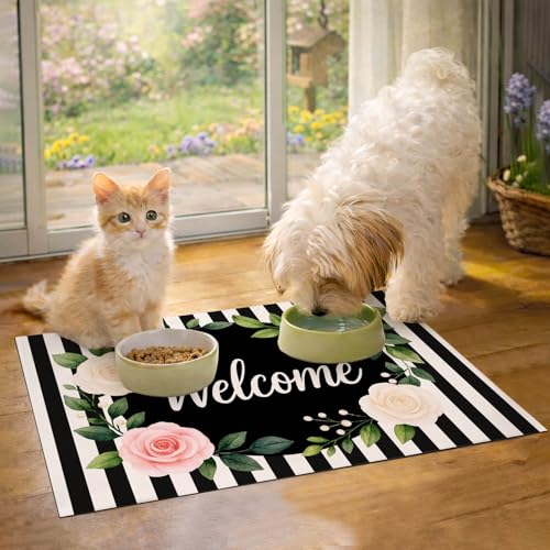 HOMETITUTE Pet Feeding Mat Black White Stripe Pattern 20" x 12", Welcome Sign Flower Design Non Slip Dog Cat Food Mat, Easy Clean Fast Dry Absorbable Pet Bowl Mat for Food and Water - color: colorful9