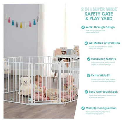 Regalo Safety 192" Super Wide Baby Gate & Play Yard, 2-in-1 Convertible Extra Wide Safety Barrier, Hardware Mounted for Toddlers & Pets, Tested & Safe for 30 Years, American Designed & Owned, White - color: White, style: 50.5-192"W x 28"H