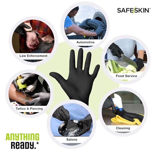 SAFESKIN Black Nitrile Disposable Gloves Powder Free Latex Free Tattoo, Food Prep, 3.5 mil - size: Medium