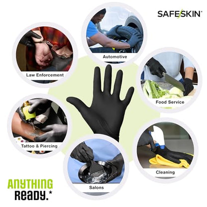 SAFESKIN Black Nitrile Disposable Gloves Powder Free Latex Free Tattoo, Food Prep, 3.5 mil - size: Medium
