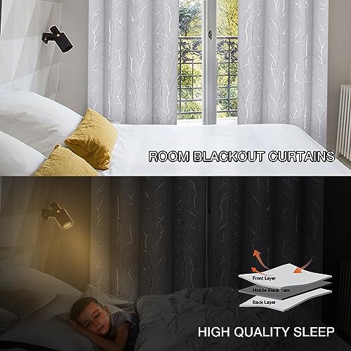 BUHUA White Blackout Curtain Panels, Room Darkening Curtains 96 Inches Long Grommet, Thermal Insulated Window Curtains with Silver Tree Branches Print, 38W x 96L, Greyish White, 2 Panels - color: Greyish White, size: 38"W x 96"L (Pack of 2)