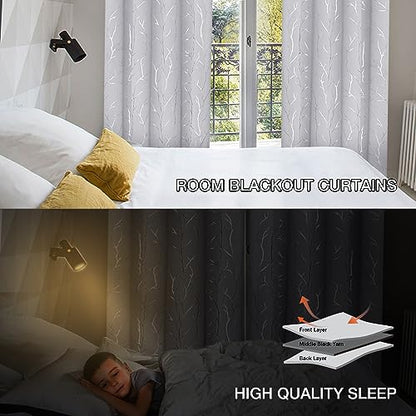 BUHUA White Blackout Curtain Panels, Room Darkening Curtains 96 Inches Long Grommet, Thermal Insulated Window Curtains with Silver Tree Branches Print, 38W x 96L, Greyish White, 2 Panels - color: Greyish White, size: 38"W x 96"L (Pack of 2)