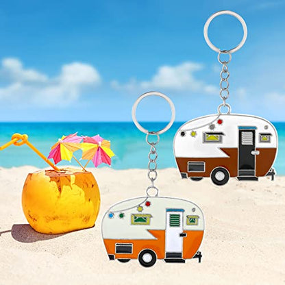 Thinp 2 Pieces Camper Keychain, RV Camper Keyring Accessories for Travel Trailers Enameled Metal Retro Camping Car Keychain - color: Yellow+brown
