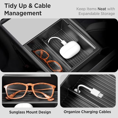 8PCS Center Console Organizer for Tesla Model Y Juniper Accessories 2026 2025 & for Tesla Model 3 Accessories 2024-2026 [Slide Smoothly & US Patent] Charging Pad Sunglasses Cup Holder Black