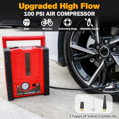 2000A 12V Solar Car Battery Jump Starter-20000 mAh Portable Power Station with 100 PSI Faster Air Compressor, 400W Inverter AC/DC/USB Ports and LED Lights, for Up to 10L Gas and 8.5L Diesel Engine