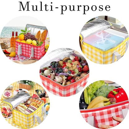 Insulated Picnic Bag with Leakproof Liner Foldable Reusable Cooler Basket Includes Disposable Picnic Mat Sturdy Handle Ideal for Outdoor Activities Travel Beach Camping (Red) - color: Red