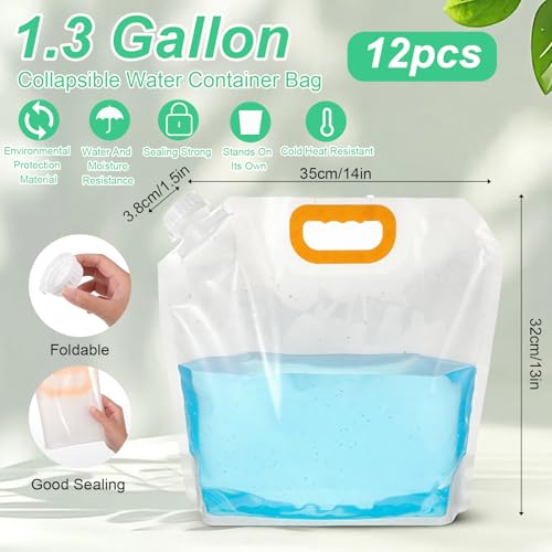 12 Pack 1.3 Gallon Foldable Water Storage Bags, Emergency Water Jug Container Bag Freezable Carrier Tank Storage Pouch for Outdoor Sport Camping Hiking Riding Mountaineer
