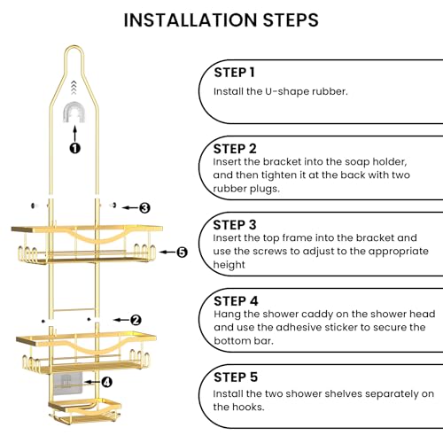 Shower Caddy Hanging Adjustable Shower Caddy, Rustproof Shower Organizer Extended Length Showers Caddy Over Shower Head with Hooks Soap Holder, Large Capacity Anti-Swing Bathroom Organizer, Gold - color: Gold