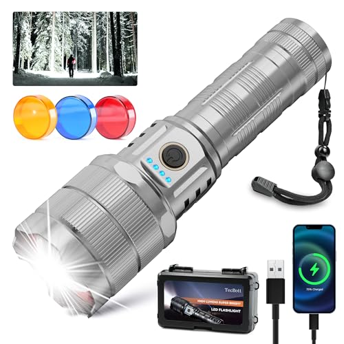 Rechargeable Flashlights 10000 High Lumens Super Bright LED Flashlight High Powered Tactical Flashlight Zoomable 3 Modes IPX6 Waterproof Handheld Flash Light for Camping Outdoor Emergencies