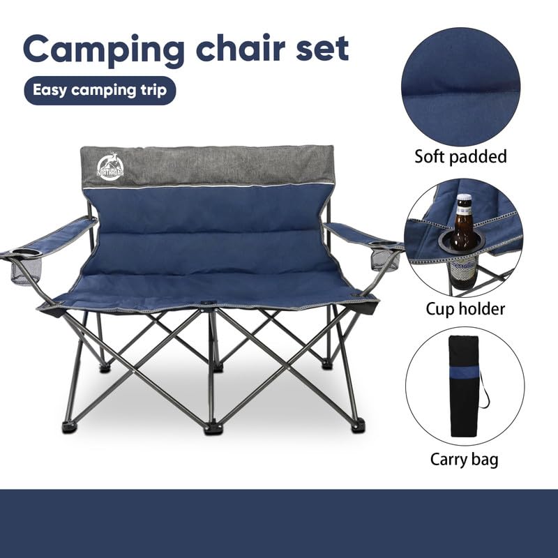 Northroad Outdoor Camping Chair Set of 3,Folding Padded Camp Chair,Collapsible Conversation Set w/1 Sofa,2 Single Chairs for Family Patio,Beach (Blue) - color: Blue, style: no table