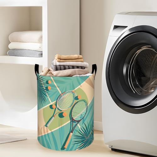 Tropical Tennis Rackets and Balls Laundry Basket with Handles, 19.7"x15.7" Clothes Foldable Laundry Hamper Organizer for Dorm Nursery Bedroom Bathroom Decor, Toy Storage Bin for Kids - style: Tennis Racket67