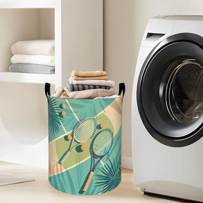 Tropical Tennis Rackets and Balls Laundry Basket with Handles, 19.7"x15.7" Clothes Foldable Laundry Hamper Organizer for Dorm Nursery Bedroom Bathroom Decor, Toy Storage Bin for Kids - style: Tennis Racket67