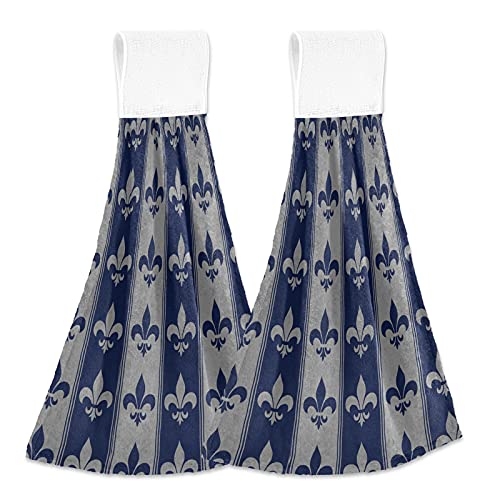 Vnurnrn Hand Towels for Kitchen 2 Pcs Hanging Kitchen Towels Set，Soft Absorbent Tea Bar Dish Cloths Bath Towel for Bathroom Laundry Room (Navy Blue Fleur De Lis) - color: Navy Blue Fleur De Lis