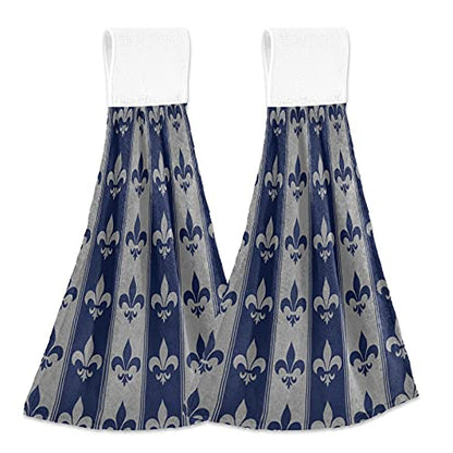 Vnurnrn Hand Towels for Kitchen 2 Pcs Hanging Kitchen Towels Set，Soft Absorbent Tea Bar Dish Cloths Bath Towel for Bathroom Laundry Room (Navy Blue Fleur De Lis) - color: Navy Blue Fleur De Lis