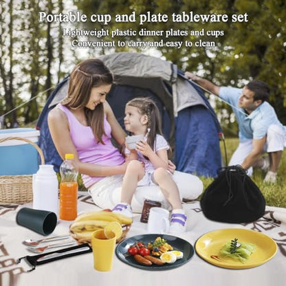 Evanda Camping Cutlery Set, Reusable Light Weight Mug, Plate and Stainless Steel Cutlery Set with Black Bag, Dishwasher Safe - color: 2.2 Person