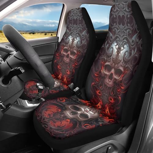 Bulopur Gothic Skull Automobile Seat Covers Front Seats 2 Pack Carseat Cover Easy Install Highback Car Bucket Seat Cover & Accessories Auto Interior Decor Set - color: Gothic Skull Print