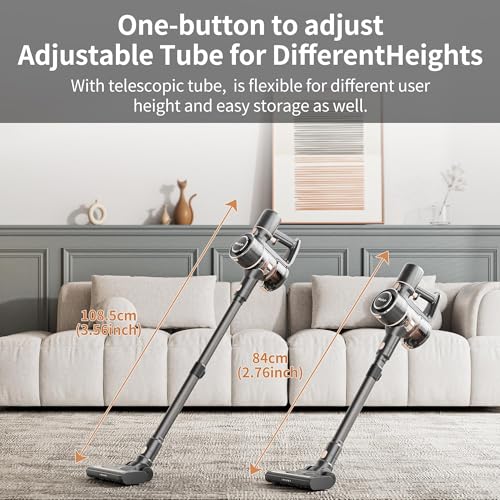 Mojojo Cordless Stick Vacuum Cleaner, 23KPa Handheld Rechargeable Battery Lightweight Small Silver Gray Electirc Broom, 55Mins Runtime for Home Hard Floor Carpet Pet Hair Cleaning