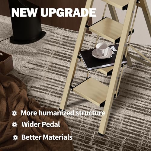 4 Step Ladder, Lightweight Folding Step Stool with Anti-Slip Aluminum Wide Pedal& Convenient Handgrip, 330lbs Capacity Steel Ladder for Household and Office (Gold) - color: Gold, size: 4 Step