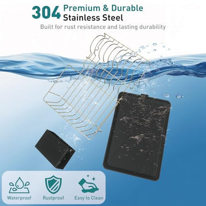 Buruis Dish Drying Rack for Kitchen Countertop, Large Capacity Gold Stainless Steel Dish Drainer with Anti-Slip Rubber Feet, Removable Drain Board and Utensil Holder (Black Tray) - color: Black Drainer