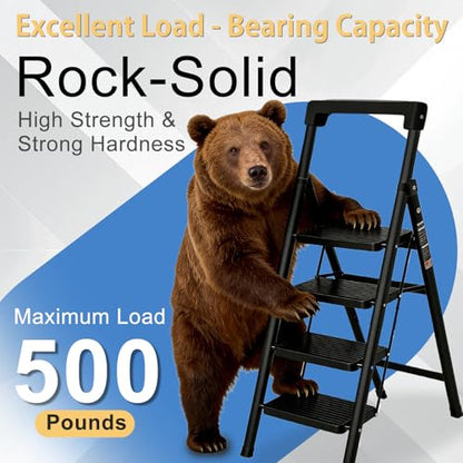 4 Step Ladder with Handrail Folding Step Stool with Tool Tray | 500LBS Capacity Sturdy Carbon Steel Frame Anti-Slip Stripe Pedal for Home Kitchen Garage (black-4step) - color: Black-tool, size: 4 step