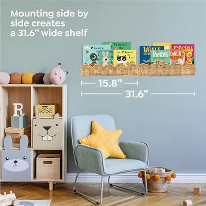Nursery Book Shelves Set of 2 - Artisanal Natural Rattan Scalloped Book Shelf for Kids Rooms 15.8" W, Cute Wicker Nursery Bookshelf Wall Mounted, Handwoven Floating Kids Bookshelf, Baby Boho Decor