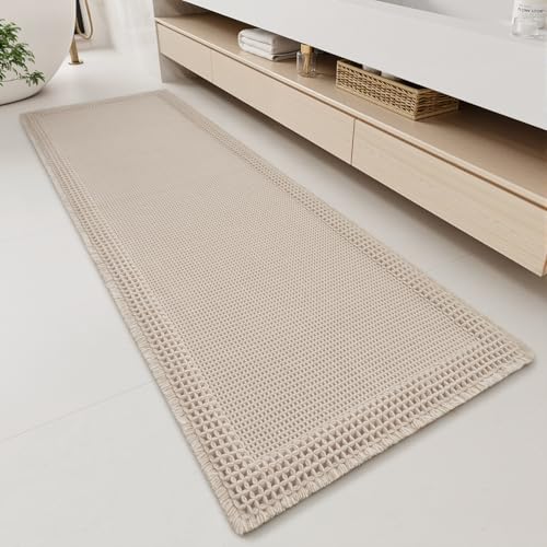 RESARE Waffle Bathroom Runner Rugs, Super Absorbent Bath Mat Non Slip Washable Quick Dry, Upgraded Ultra Soft Boho Bath Rugs with Tassels, Farmhouse Home Decor Accessories, 2'x5'(24"x60") Pale Beige - color: Pale Beige, size: 2' X 5'