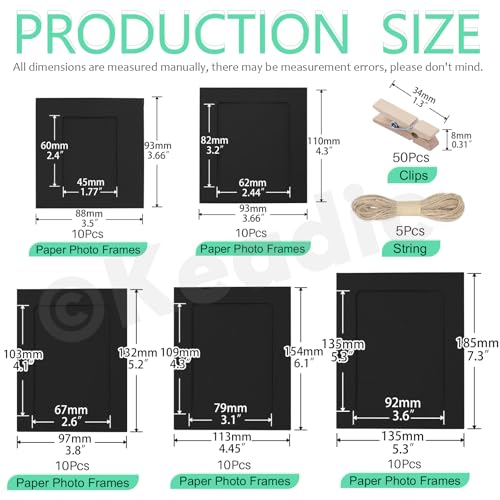 Keadic 105PCS Paper Picture Frames 5 Sizes Black Cardboard Photo Frame with Wooden Clips and Strings Photo Display Banner for Home Office Wedding Party Decor